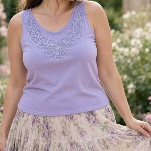 Vintage 90s Lace Tank Top Lavender Floral Cotton Boho Fairy EUC Made in USA XL